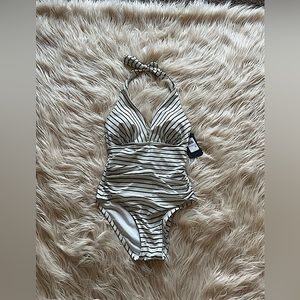 Tommy Hilfiger White & Black striped Halter One-Piece Swimsuit size 6